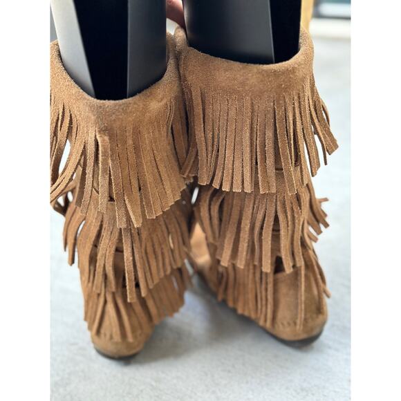 Minnetonka Moccasins 3 Layer Fringe Boot Brown Suede 1632 Calf High Boots Size 8 - Picture 4 of 8